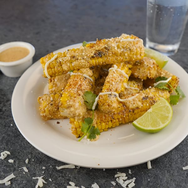 Elote, Mexican street corn, on a white plate with lime wedges, cilantro, and a dipping sauce.